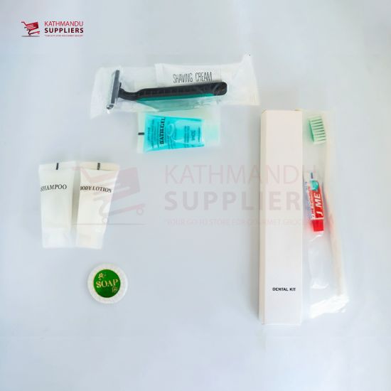toothbrush, toothpaste, shaving kit (razor + cream), shampoo, shower gel, and soap for hotel and resort